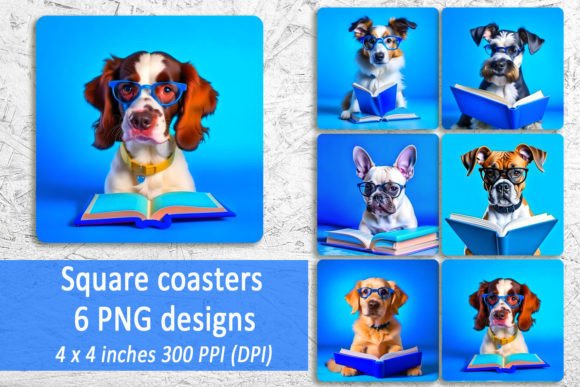 Dog and Book Square Coasters PNG Bundle